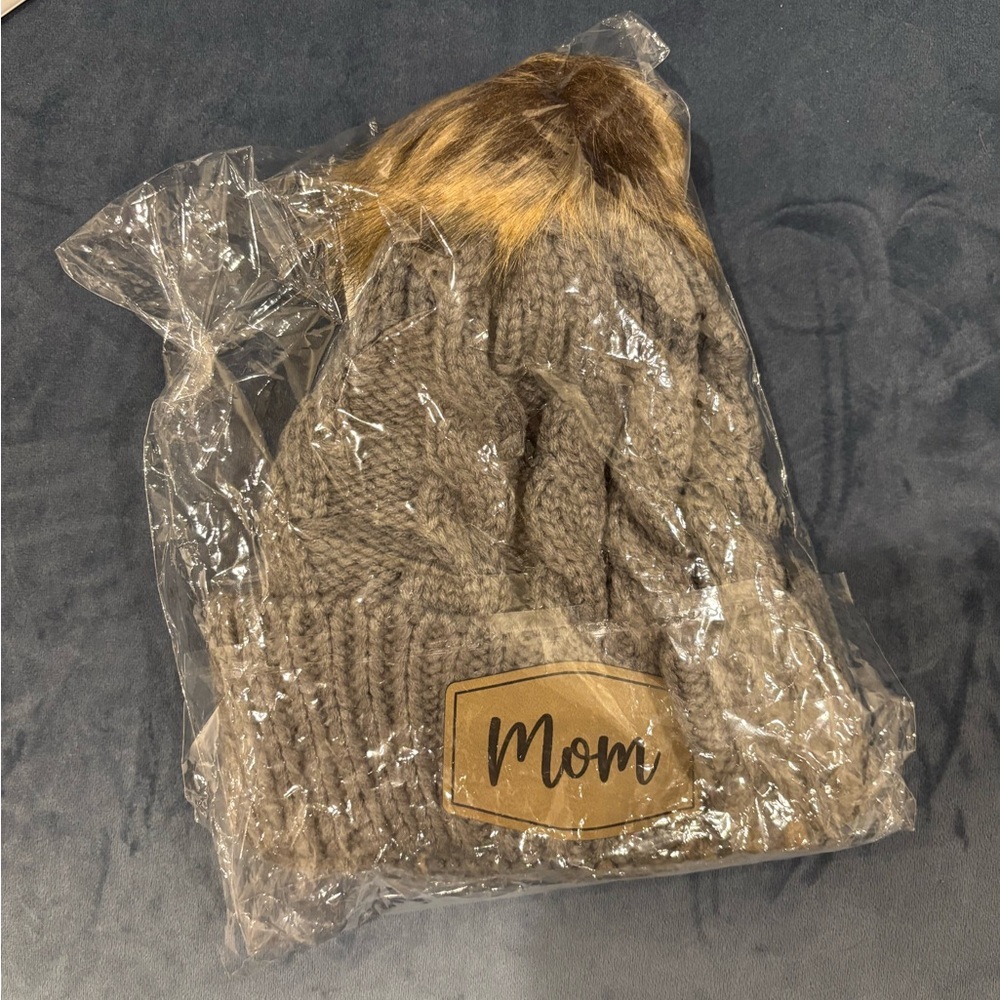 Brown Knit Beanie with Faux Fur Pom